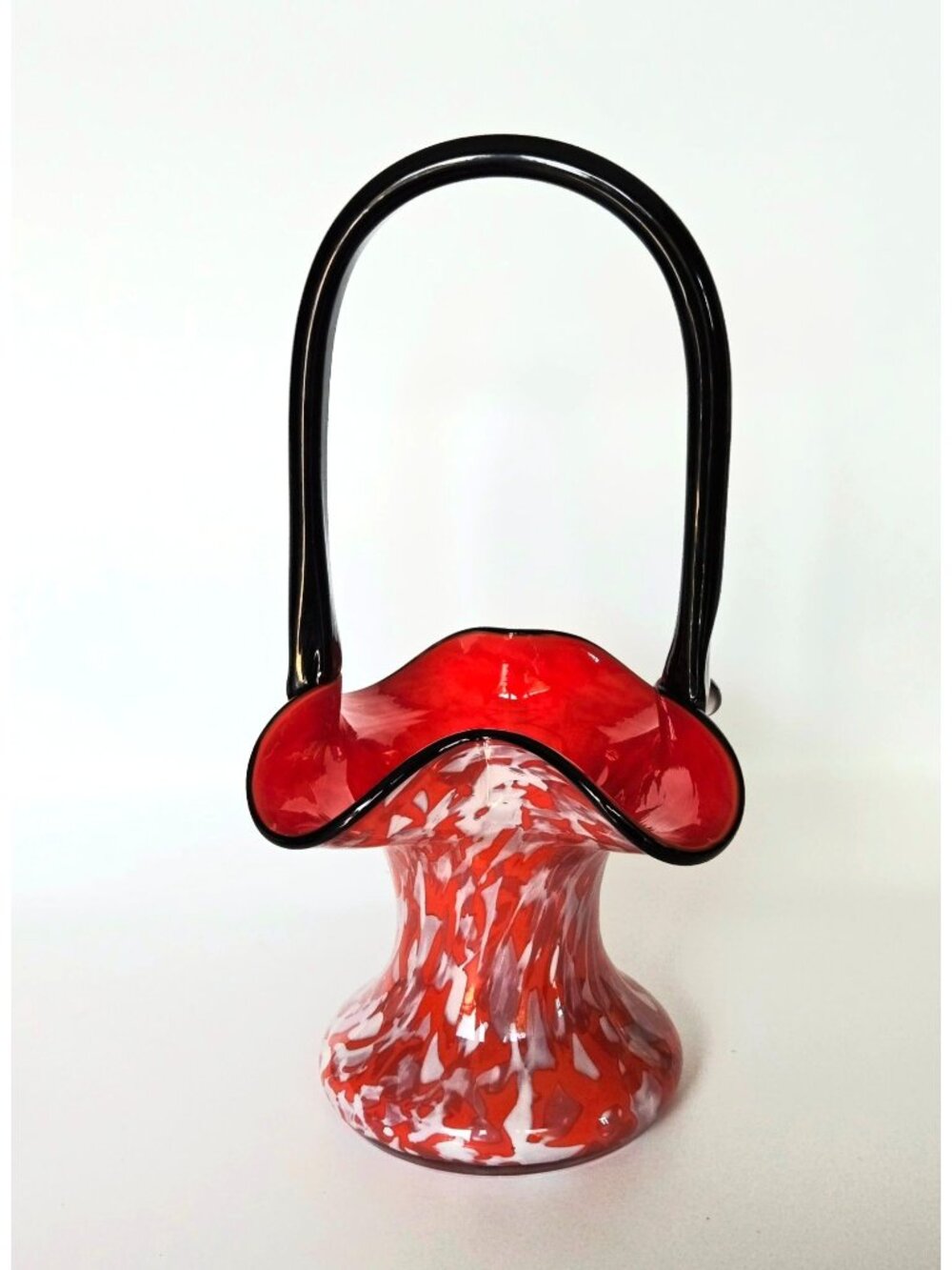 Welz Red & White Czech Art Glass Basket With Black Handle Handblown 8"